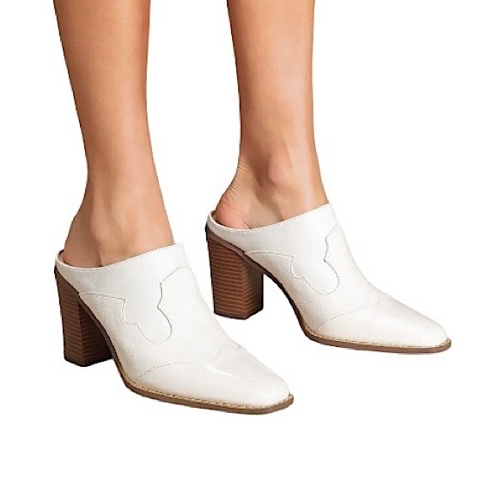 Luluโs Lulio Faux Leather White Multiโ Squared Toe Heeled Western Mules 8.5